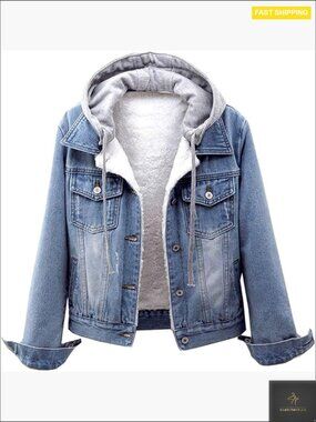 Sherpa Lined Denim Trucker Jacket Detachable Hoodie Winter Warm Coat